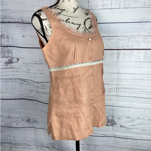 Nikki Valenti Top Women 6 Sleeveless Ruffle Scoop Neck Button Pleat Irish Linen - Picture 4 of 12
